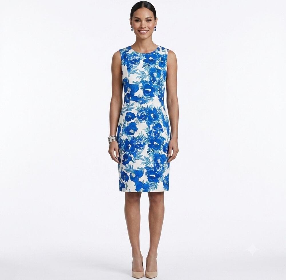 NWT CALVIN KLEIN FLORAL SCUBA SLEEVELESS SHEATH DRESS Blue White Size 10 Fitted